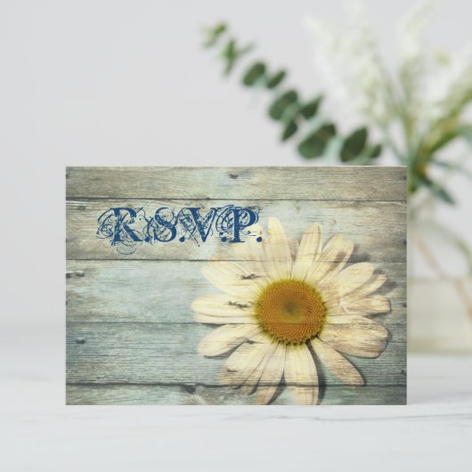blue barnwood country maisy bruiloft RSVP reactie (Staand voorkant)