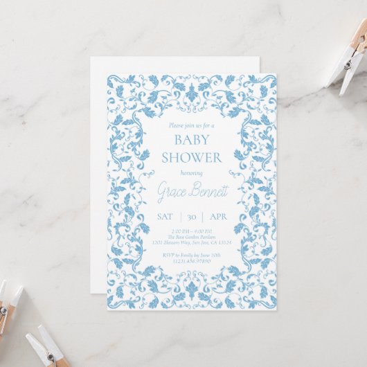 Blue Baroque Baby shower Invitation Kaart (Voorkant / Achterkant in situ)