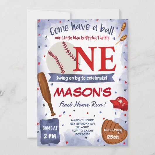 Blue Baseball 1e Verjaardag Feest Uitnodiging (Voorkant)