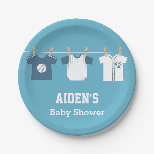 Blue Baseball Baby Boy Shower Supply Papieren Bordje (Voorkant)