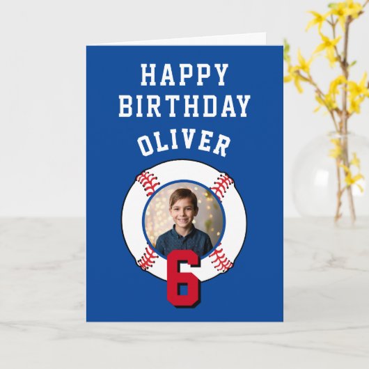 Blue Baseball Ball Kids Verjaardagsfoto Kaart (Gele Bloem)