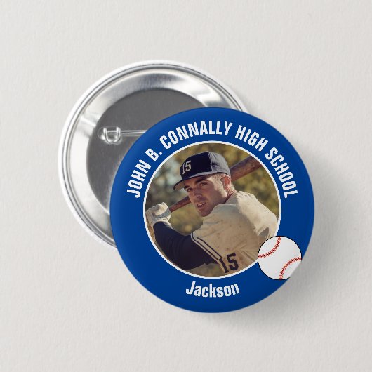 Blue Baseball Player Photo High School Spirit Ronde Button 5,7 Cm (Voorkant /achterkant)