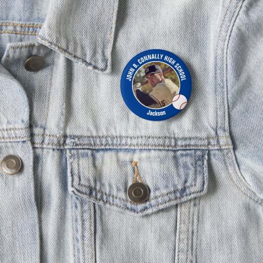 Blue Baseball Player Photo High School Spirit Ronde Button 5,7 Cm (In situ)