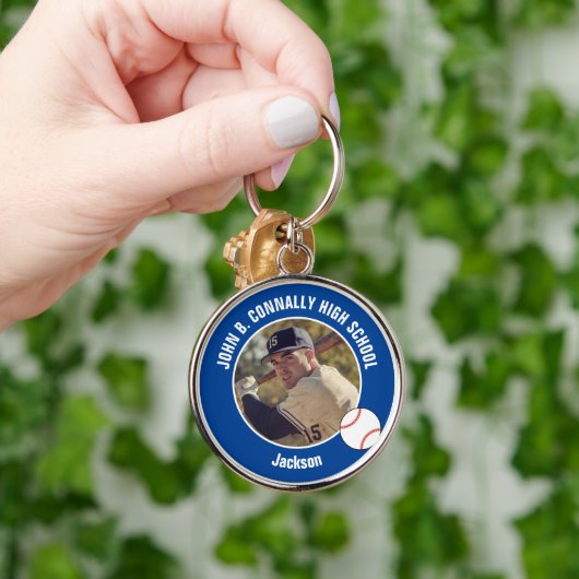 Blue Baseball Player Photo High School Spirit Sleutelhanger (Hand)