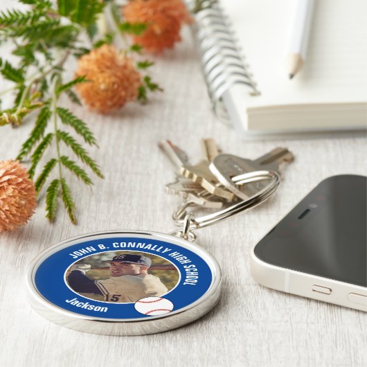 Blue Baseball Player Photo High School Spirit Sleutelhanger (Zijkant)