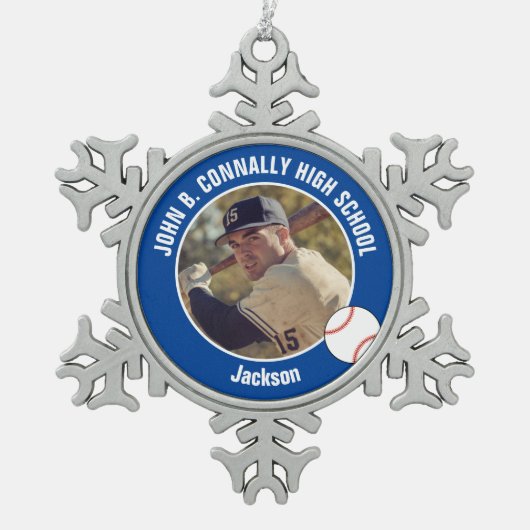 Blue Baseball Player Photo High School Spirit Tin Sneeuwvlok Ornament (Voorkant)