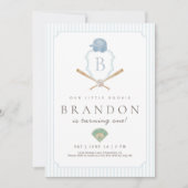 Blue Baseball Preppy Crest First Birthday invite Bedankkaart (Voorkant)