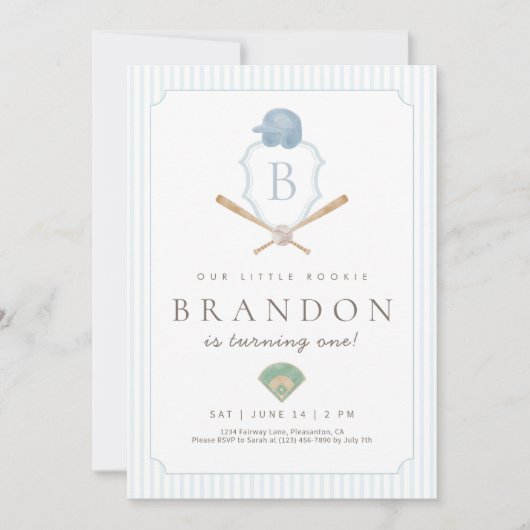 Blue Baseball Preppy Crest First Birthday invite Bedankkaart (Voorkant)