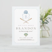 Blue Baseball Preppy Crest First Birthday invite Bedankkaart (Staand voorkant)