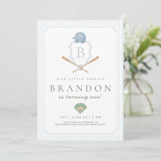 Blue Baseball Preppy Crest First Birthday invite Bedankkaart (Staand voorkant)