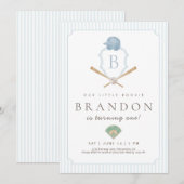 Blue Baseball Preppy Crest First Birthday invite Bedankkaart (Voorkant / Achterkant)