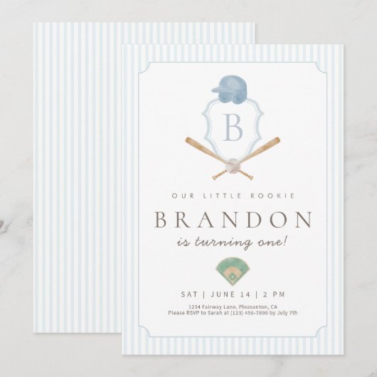 Blue Baseball Preppy Crest First Birthday invite Bedankkaart (Voorkant / Achterkant)