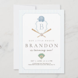 Blue Baseball Preppy Crest First Birthday invite Bedankkaart