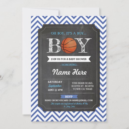 Blue BasketBall Boy Baby shower Sports Invite Kaart (Voorkant)