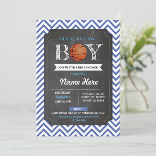 Blue BasketBall Boy Baby shower Sports Invite Kaart (Staand voorkant)
