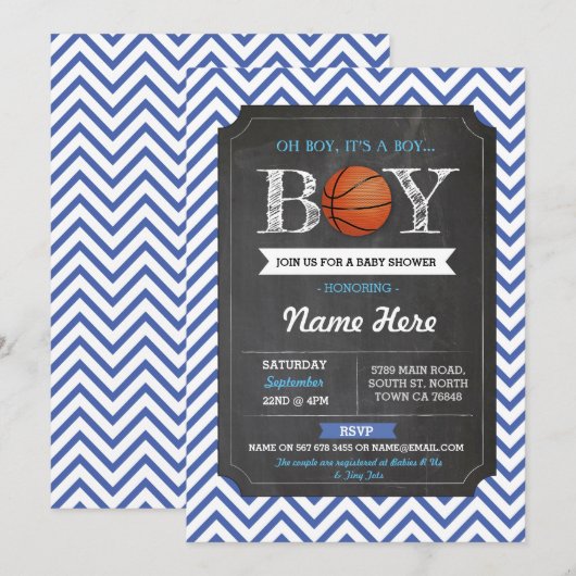 Blue BasketBall Boy Baby shower Sports Invite Kaart (Voorkant / Achterkant)