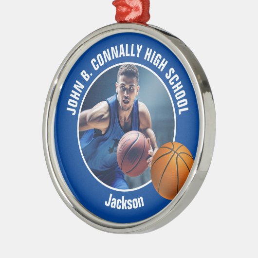 Blue Basketball Player Photo Christmas Metalen Ornament (Links)