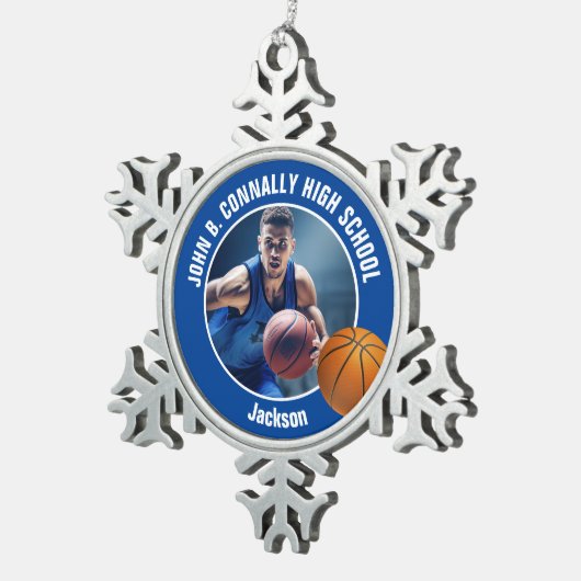 Blue Basketball Player Photo Keepsake Gift Tin Sneeuwvlok Ornament (Rechts)