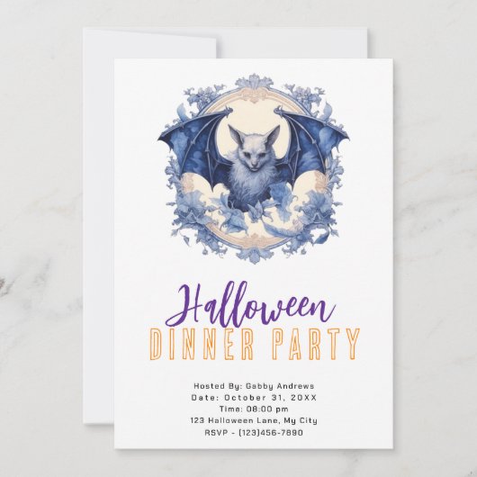 Blue Bat Blue Flowers Pet Halloween Diner Party Kaart (Voorkant)