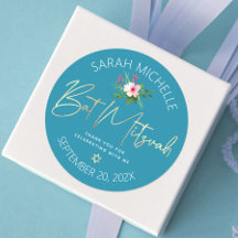 Blue Bat Mitzvah Floral Waterverf Gold Script