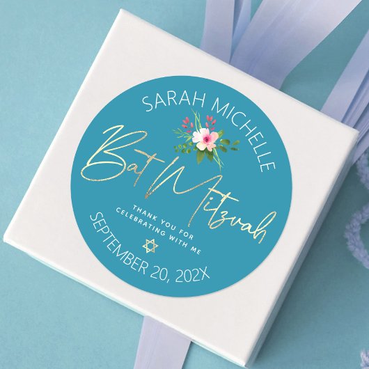 Blue Bat Mitzvah Floral Waterverf Gold Script Ronde Sticker