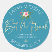 Blue Bat Mitzvah Floral Waterverf Gold Script Ronde Sticker (Voorkant)