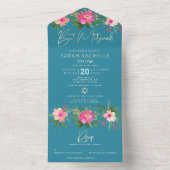 Blue Bat Mitzvah Gold Script Floral Waterverf All In One Uitnodiging (Binnen)