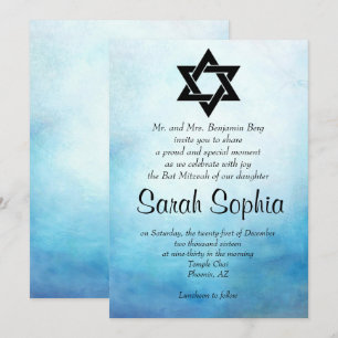Blue Bat Mitzvah Invitation, Waterverf, Blauwgroen Kaart