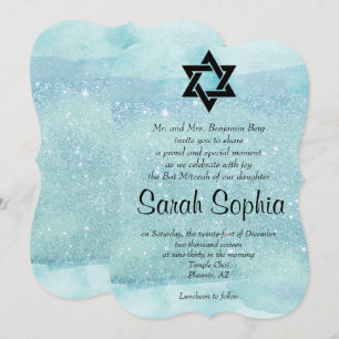 Blue Bat Mitzvah, Waterverf, Turquoise, Glitter Kaart