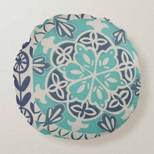 Blue Batik Tile I Rond Kussen (Voorkant)