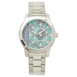Blue Batik Tile II Horloge