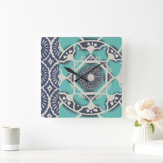 Blue Batik Tile II Vierkante Klok (Huis)