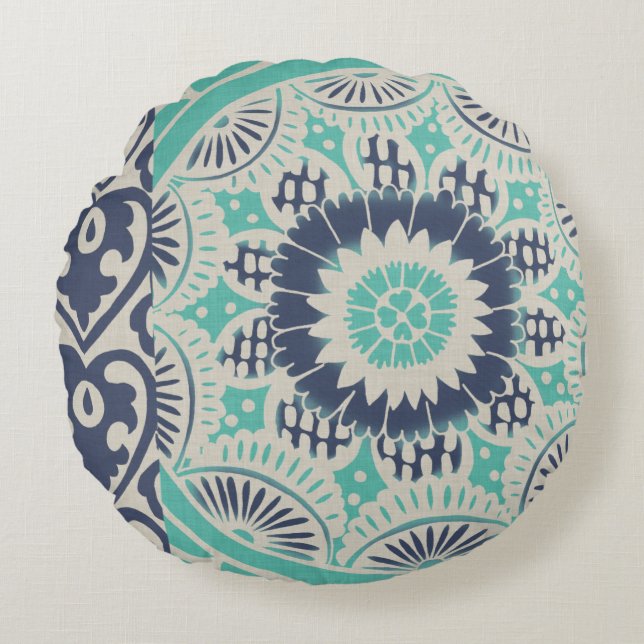 Blue Batik Tile III Rond Kussen (Voorkant)