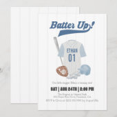 Blue Batter Up Baseball First Birthday Invitation Kaart (Voorkant / Achterkant)