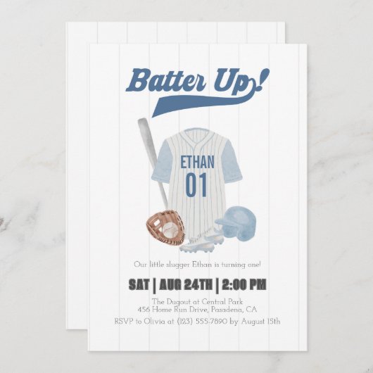 Blue Batter Up Baseball First Birthday Invitation Kaart (Voorkant / Achterkant)