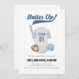 Blue Batter Up Baseball First Birthday Invitation Kaart