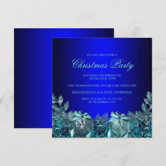  Blue Bauble & Bow kerstparty nodigt uit Kaart (Voorkant / Achterkant)