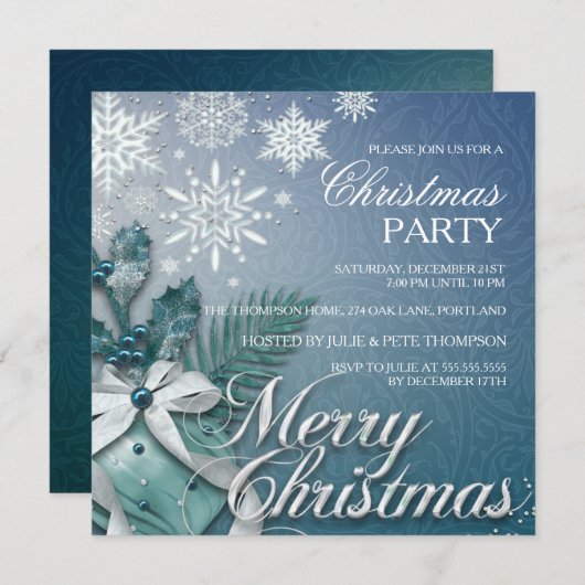 Blue Bauble & Snowflake kerstparty Uitnodiging (Voorkant / Achterkant)