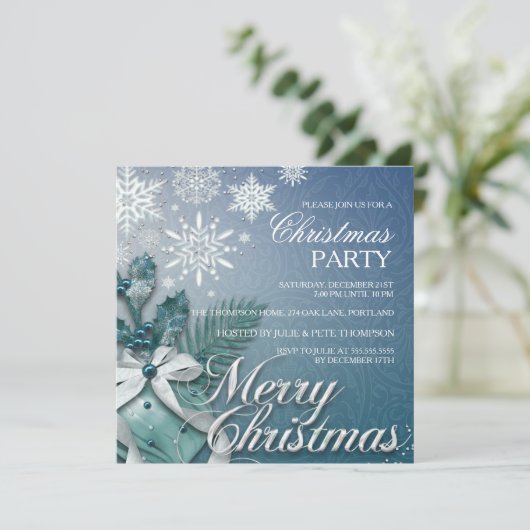 Blue Bauble & Snowflake kerstparty Uitnodiging (Staand voorkant)