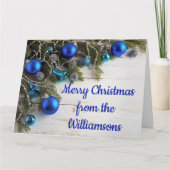 Blue Baubles en Pine Needles Kerstmis Kaart (Voorkant)