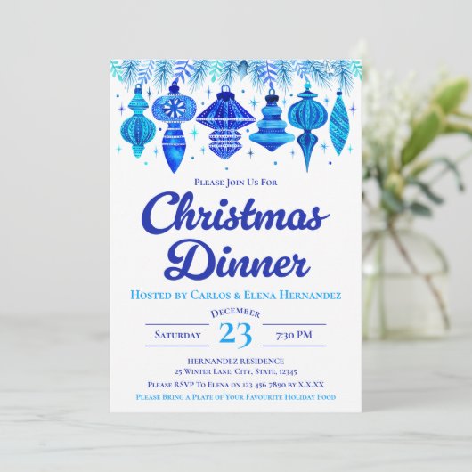 Blue Baubles Kerstdiner Waterverf Kaart (Staand voorkant)