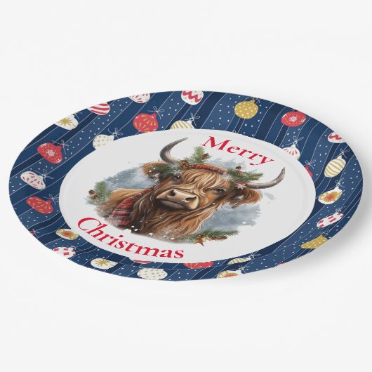 Blue Baulables Christmas Highlander Koe Papieren Bordje (Gekanteld)