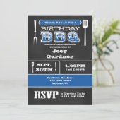 Blue BBQ Birthday Chalkboard Invitation Kaart (Staand voorkant)