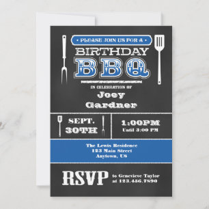 Blue BBQ Birthday Chalkboard Invitation Kaart