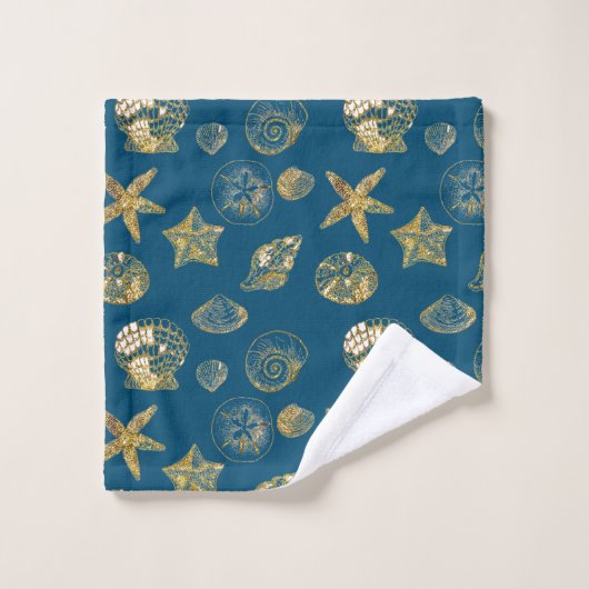 Blue Beach Gold Sea Shells Bad Handdoek (Wasdoekje)