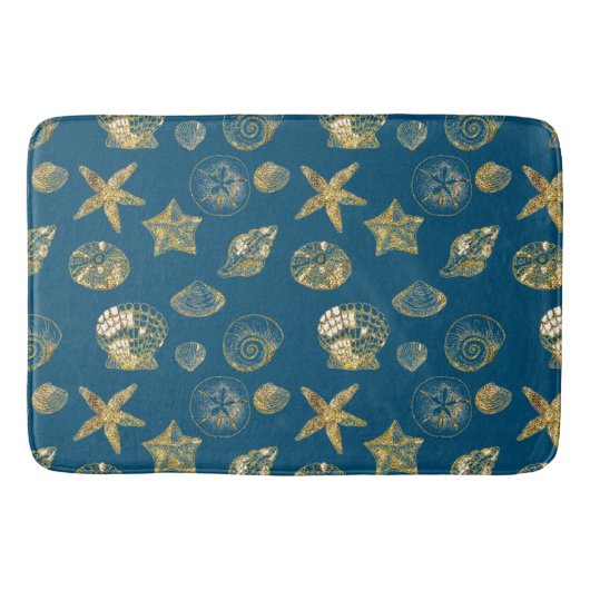 Blue Beach Gold Sea Shells Badmat (Voorkant)