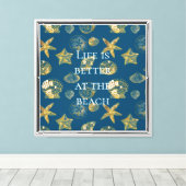 Blue Beach Gold Sea Shells Canvas Afdruk (Insitu (Houten vloer))