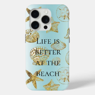 Blue Beach Gold Sea Shells iPhone 15 Pro Case