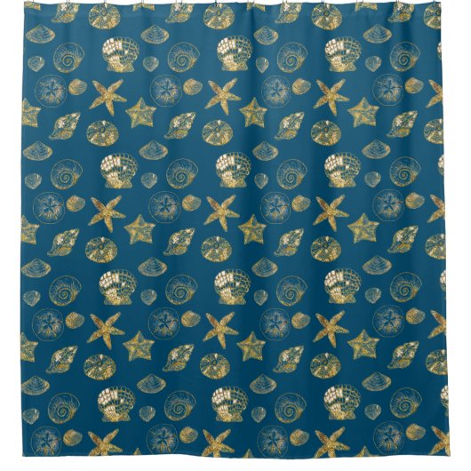 Blue Beach Gold Sea Shells Douchegordijn (Voorkant)