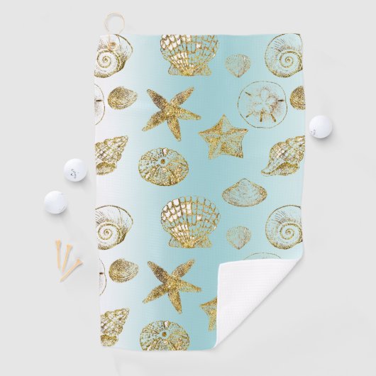 Blue Beach Gold Sea Shells Golfhanddoek (Insitu)